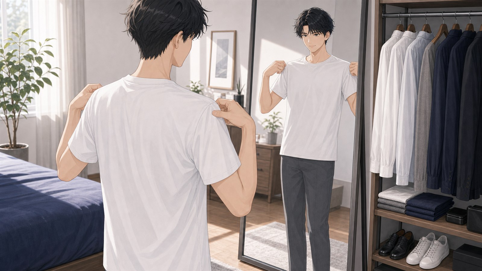 メンズTシャツの肩幅と着丈を鏡で確認する男性のイラスト
