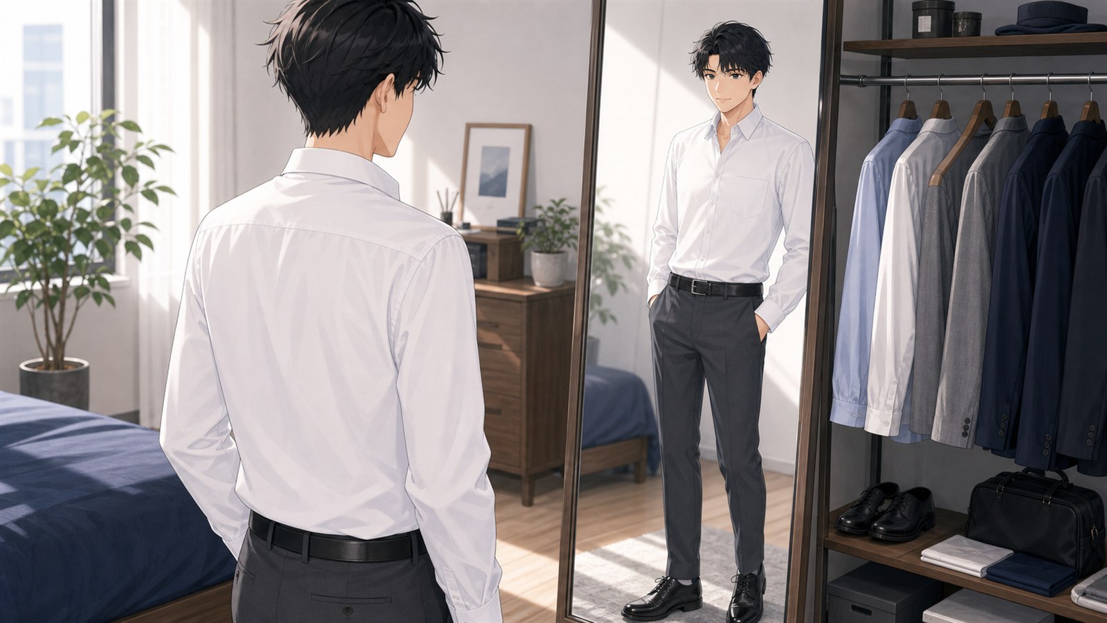 外出前に白シャツの透け感と着こなしを鏡で確認する男性のイラスト