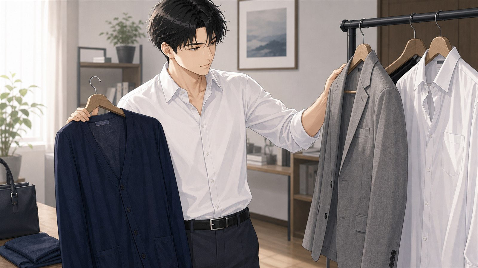 白シャツに羽織りを合わせて透け感を整える男性のイラスト