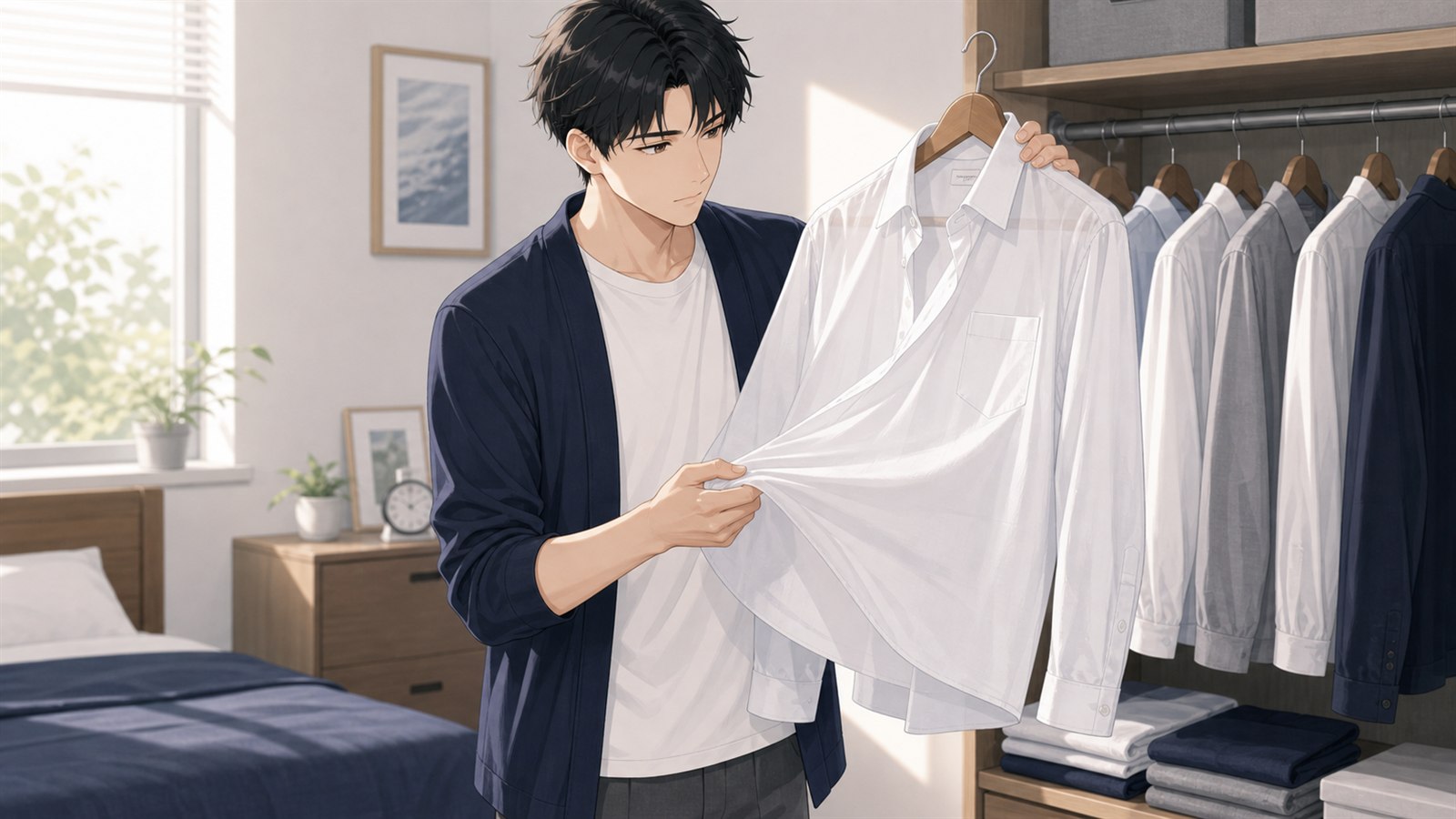 メンズ白シャツが透ける原因を確認する男性のイラスト