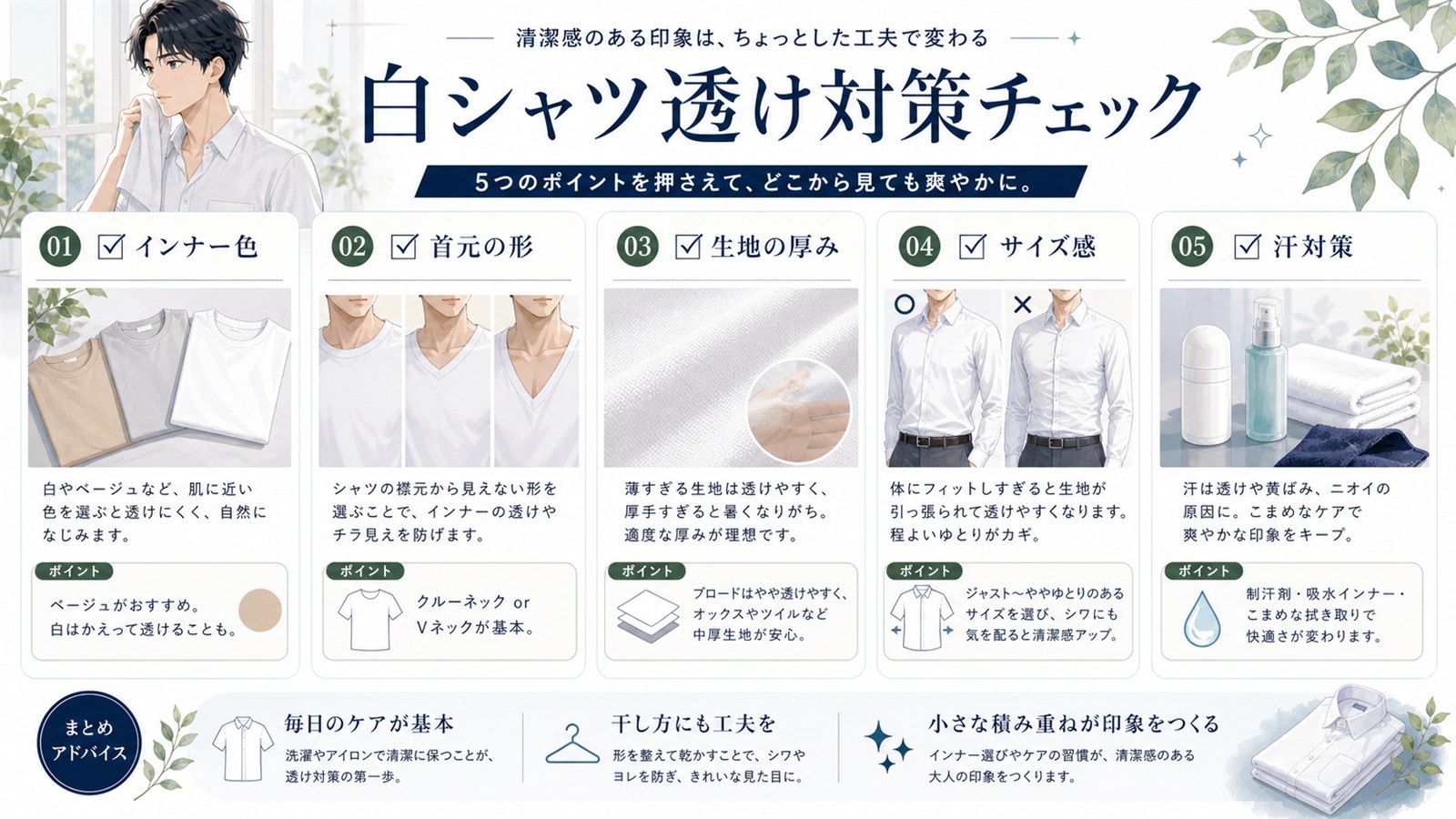 メンズ白シャツの透け対策を整理した日本語チェック図解