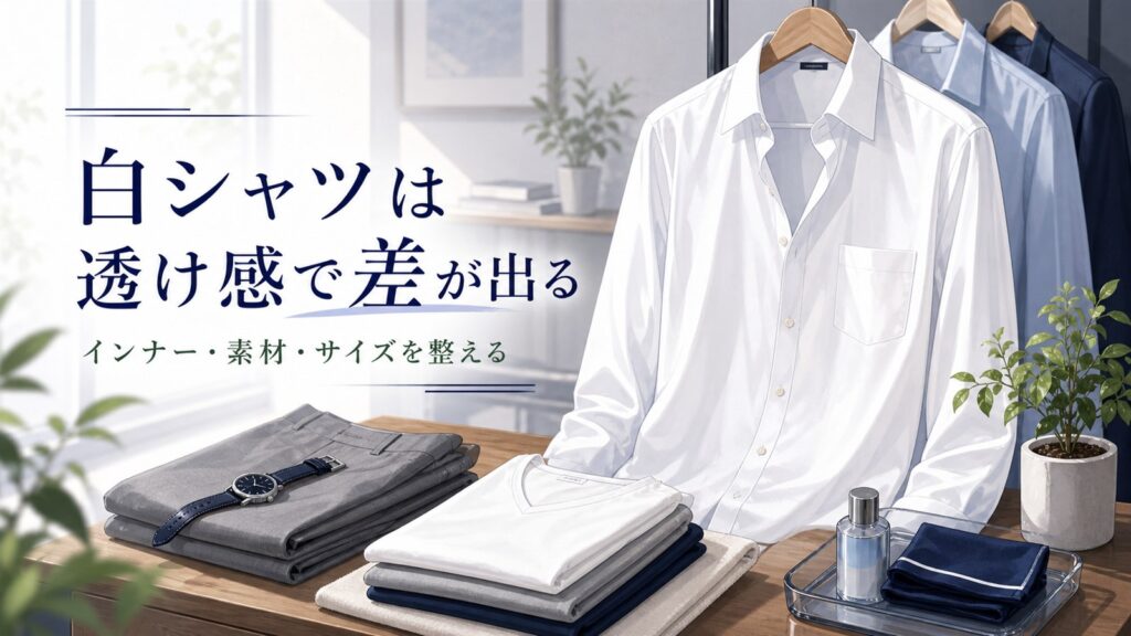 メンズ白シャツの透ける悩みと対策を伝えるアイキャッチ画像