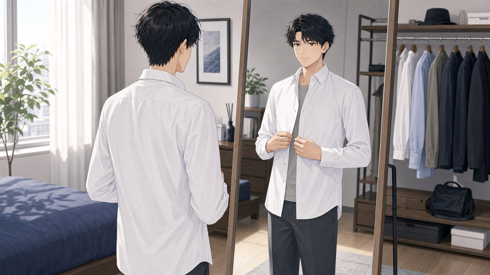 メンズ白シャツのサイズ感と透け感を鏡で確認する男性のイラスト