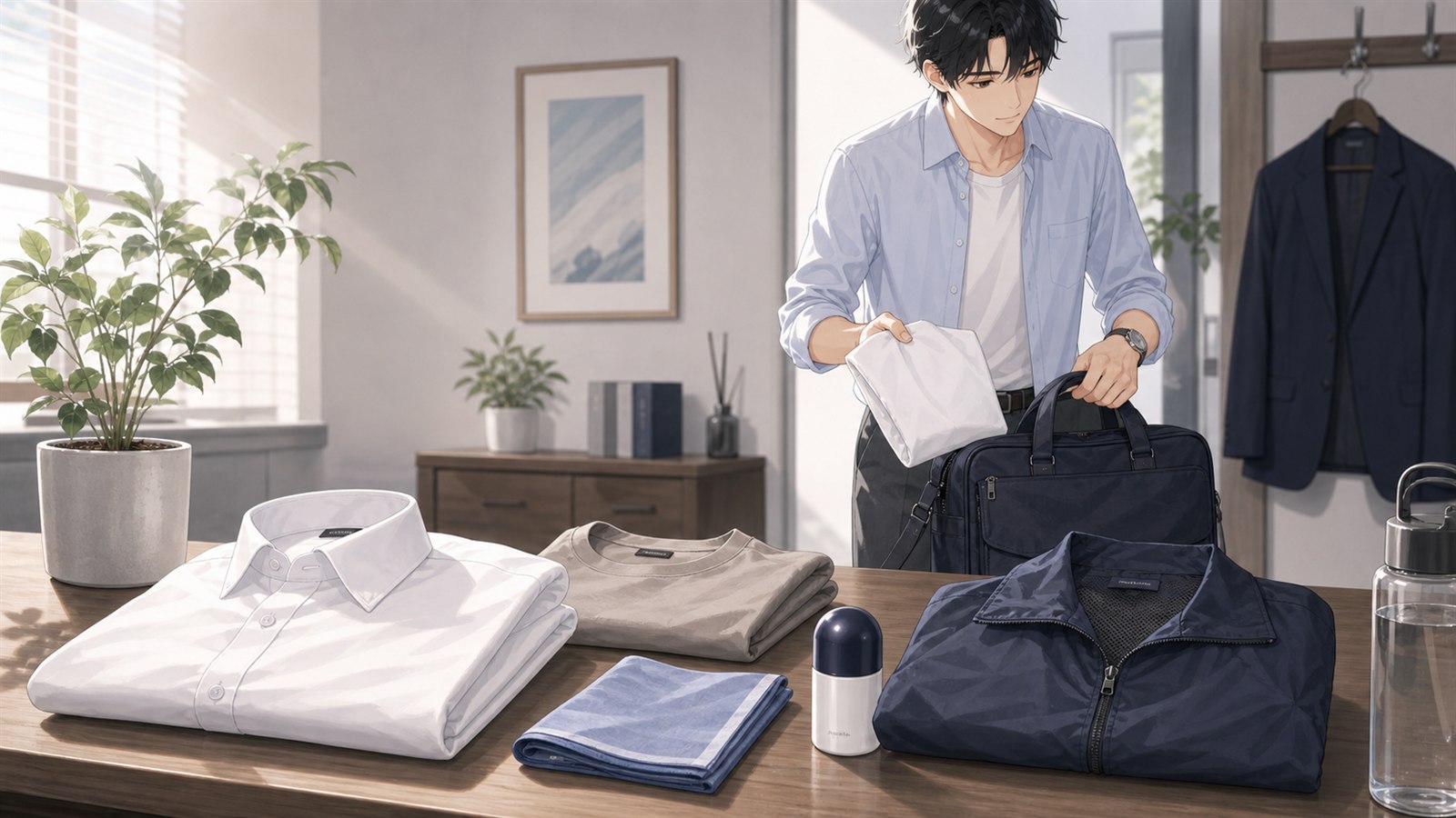 白シャツの透け対策として汗ケア用品を準備する男性のイラスト