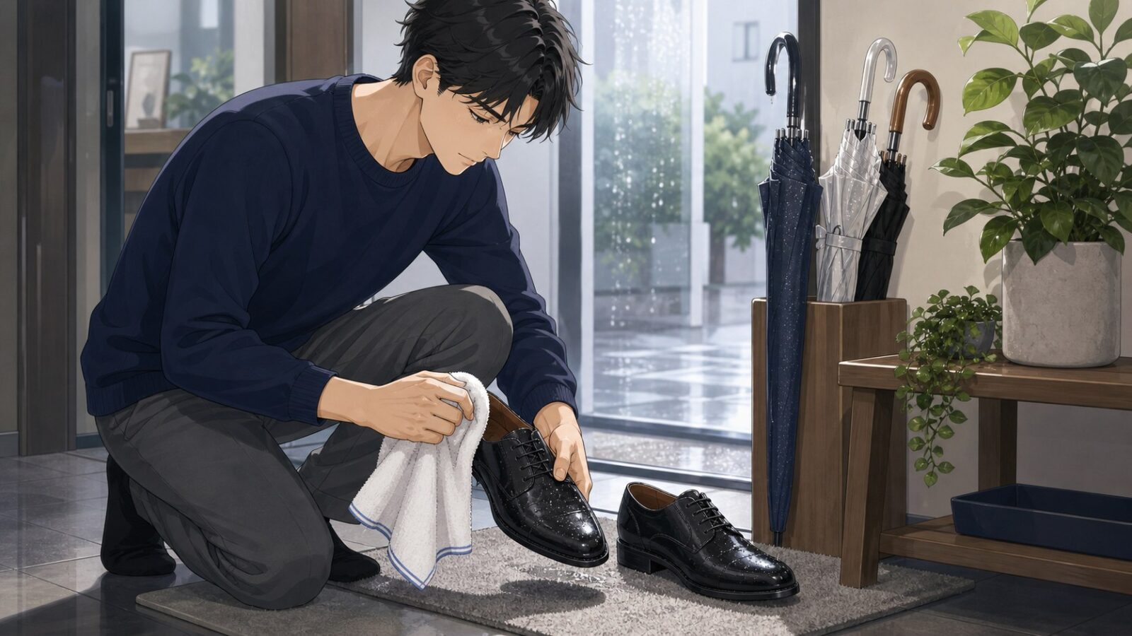 雨の日のあとに濡れた靴をタオルで拭く男性のアニメイラスト