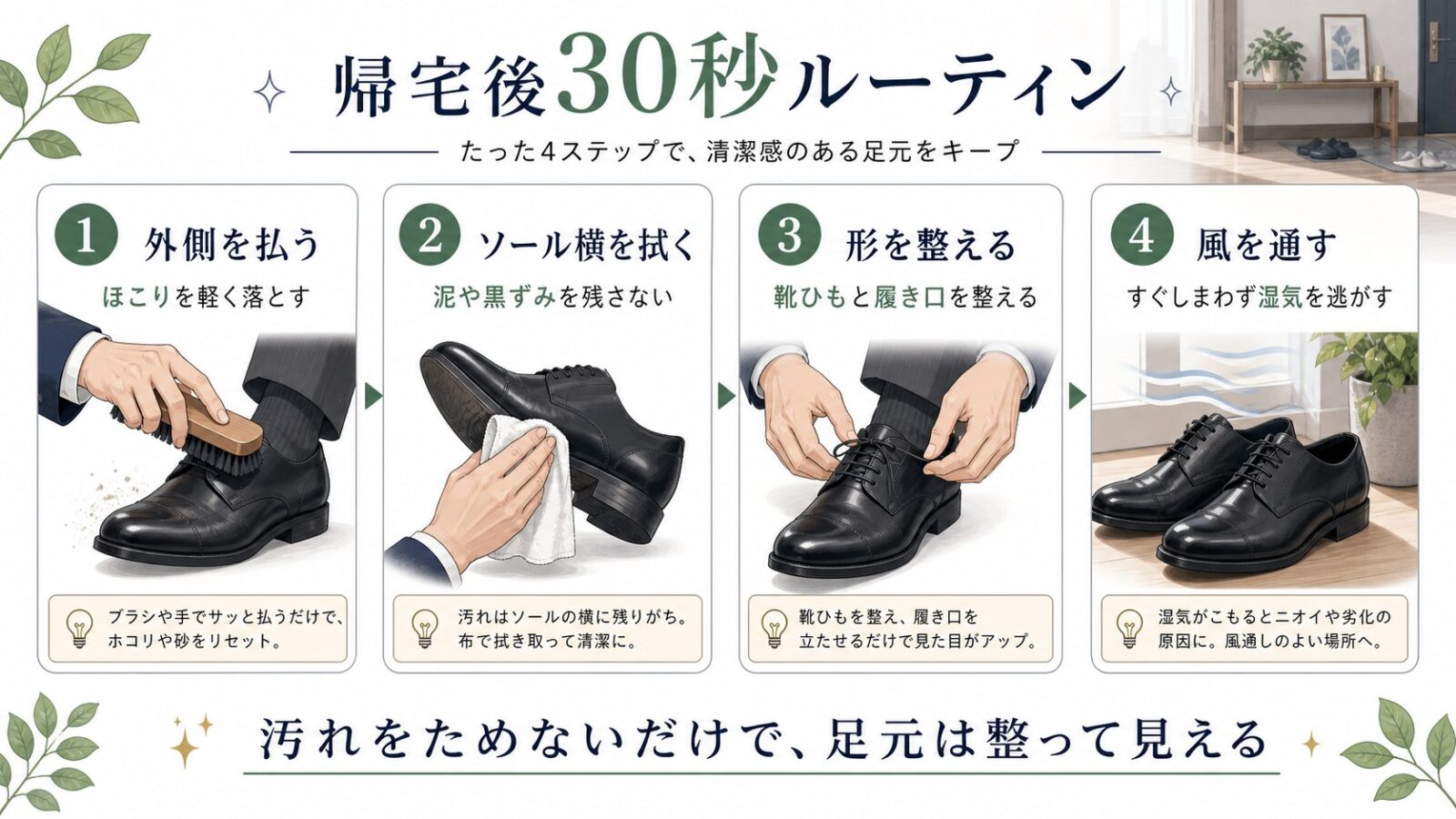 帰宅後30秒の靴手入れルーティンを4ステップで示す日本語図解