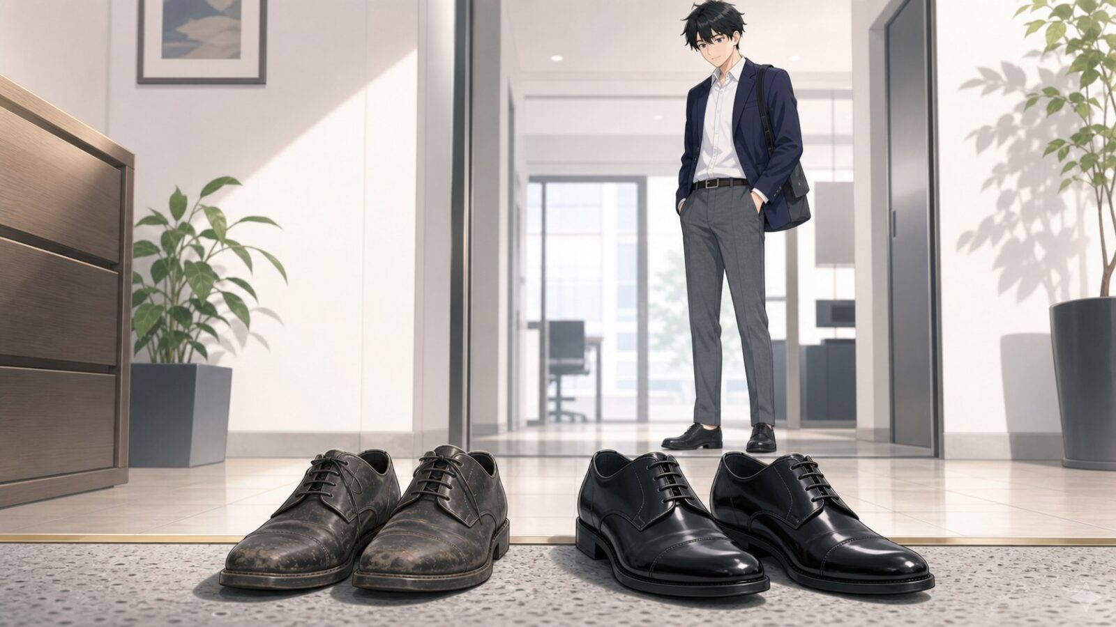 きれいな靴と汚れた靴で清潔感の印象が変わることを示す男性のアニメイラスト
