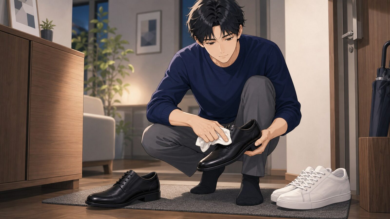 帰宅後に靴を布で軽く拭く男性のアニメイラスト