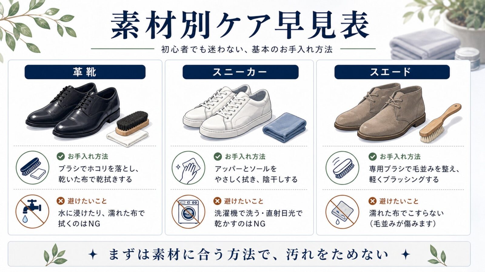 革靴、スニーカー、スエードの素材別ケア方法をまとめた日本語図解