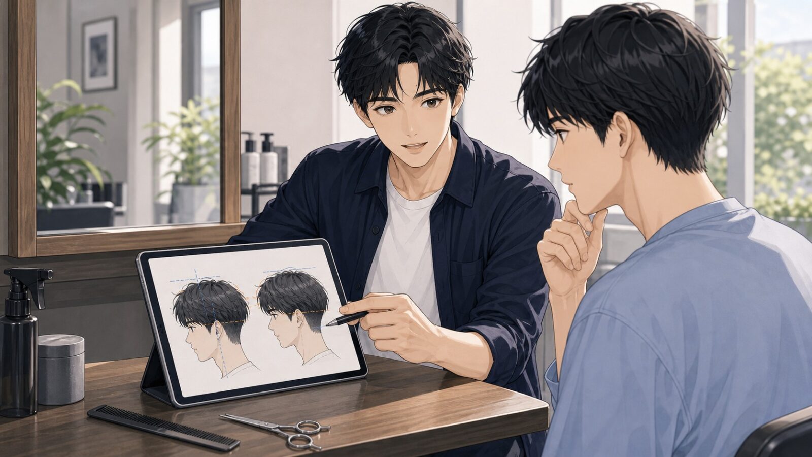美容師と男性がツーブロックの高さと長さを相談するイラスト