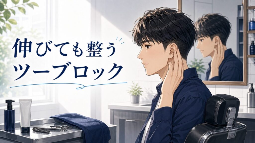 鏡の前でツーブロックの横のシルエットを確認する男性のアイキャッチイラスト