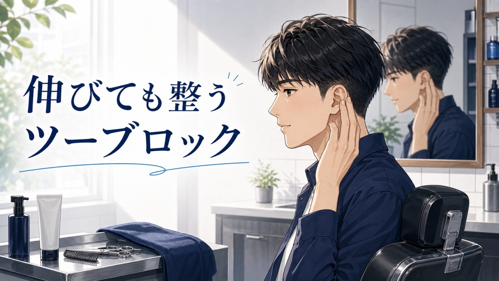 鏡の前でツーブロックの横のシルエットを確認する男性のアイキャッチイラスト