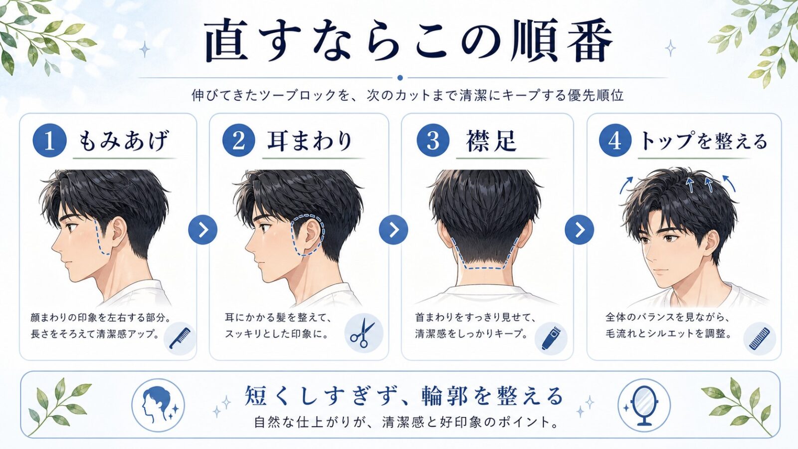伸びたツーブロックを整える順番を示した日本語図解