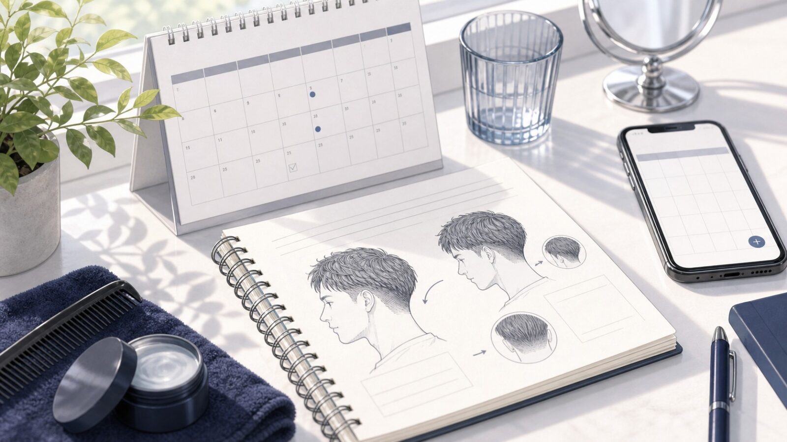 ツーブロックの次回カットを考えるカレンダーとヘアケア小物のイラスト