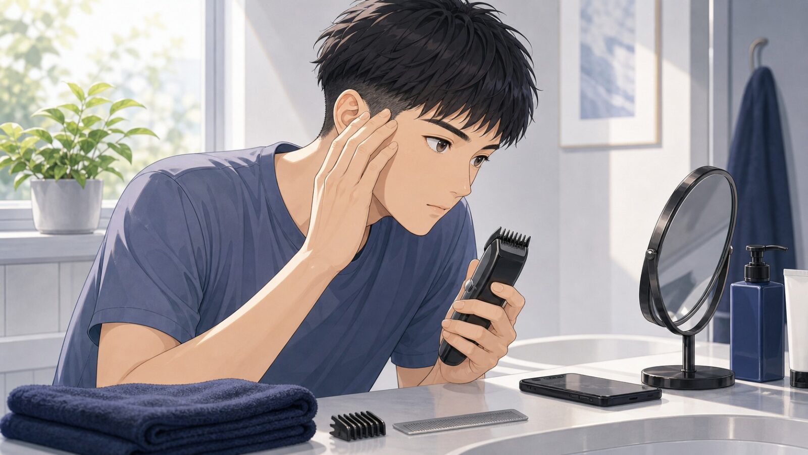 ツーブロックをセルフで整える前に慎重に確認する男性のイラスト