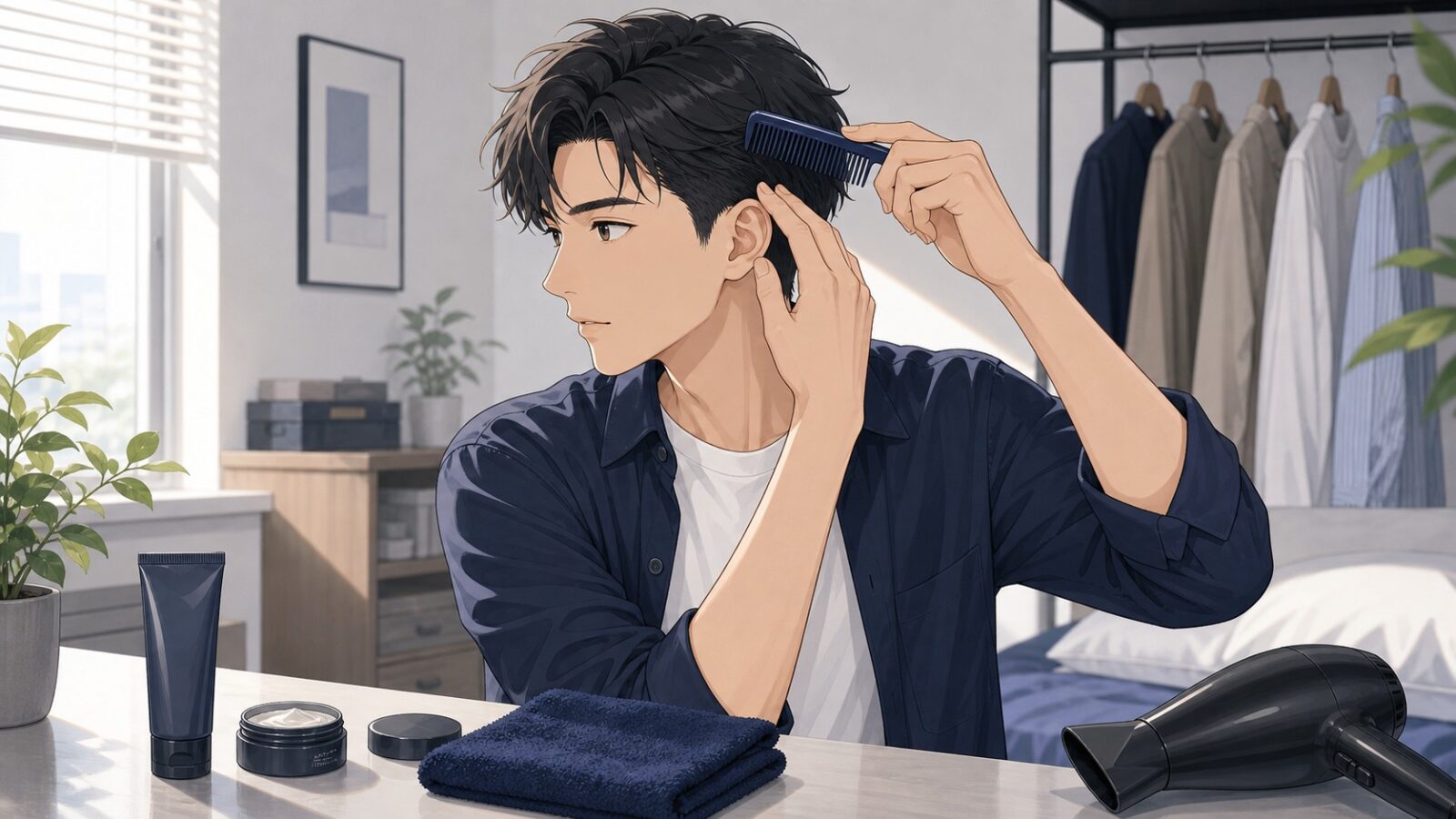 伸びたツーブロックをコームで整える男性のイラスト