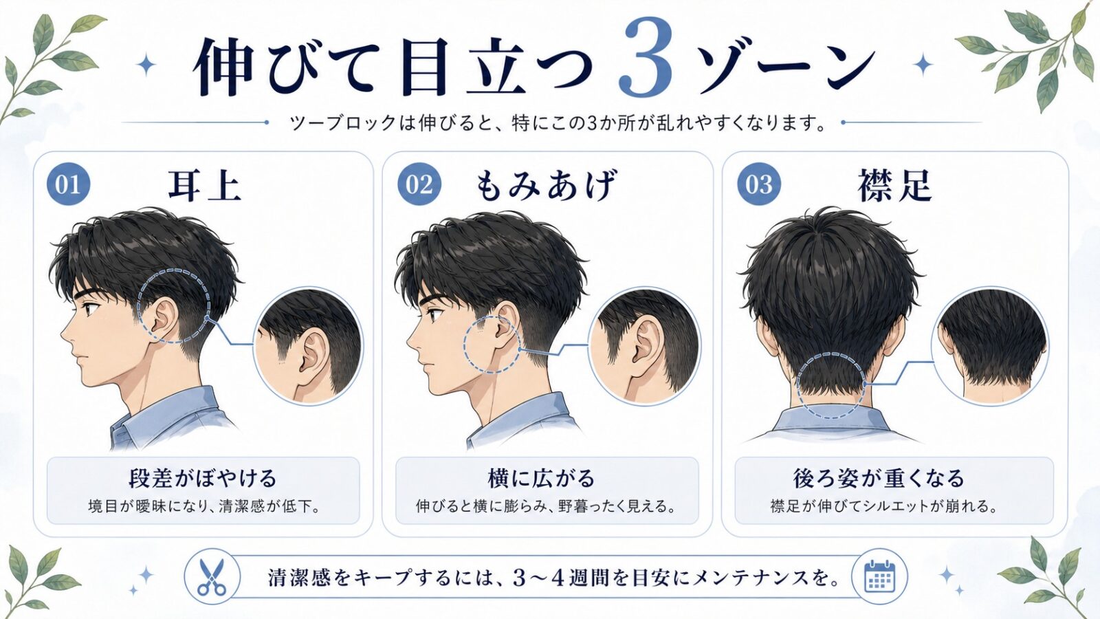 ツーブロックで伸びて目立つ耳上もみあげ襟足の3ゾーンを示した日本語図解