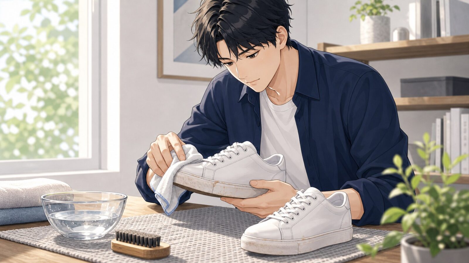 白スニーカーのくすみを布でやさしく拭く男性のアニメイラスト